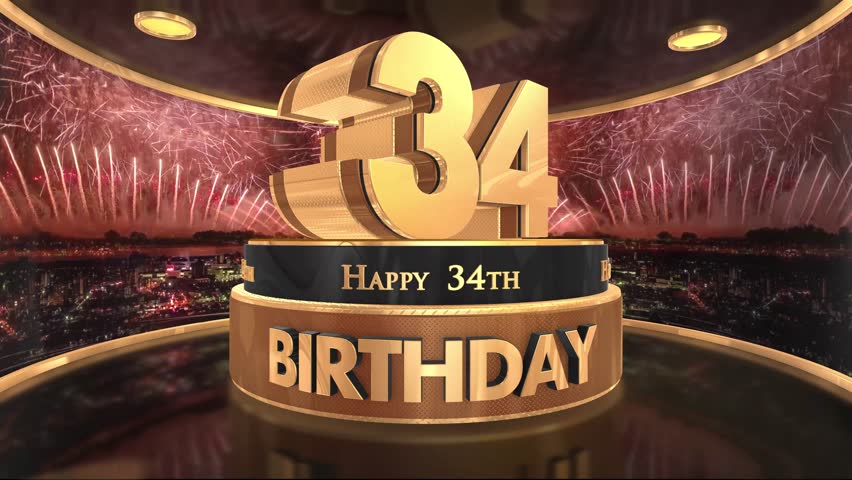 34th birthday animation 3d render in gold with fireworks background. 4k
