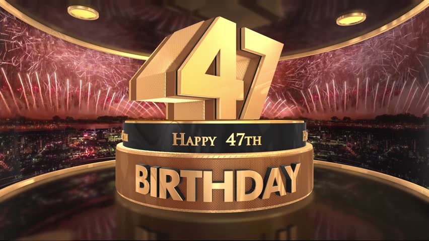 47th birthday animation 3d render in gold with fireworks background. 4k
