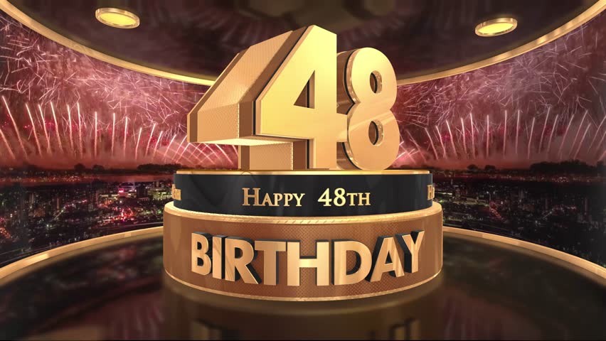 48th birthday animation 3d render in gold with fireworks background. 4k
