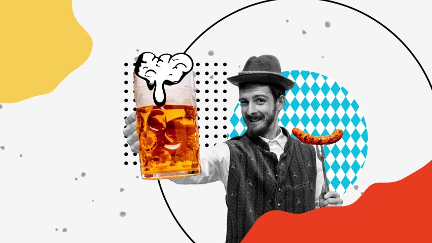 Happy man in traditional fest Bavarian or German outfit serving lager beer and sausage. Abstract background. Stop motion, animation. Concept of Oktoberfest, beer, festival, traditions. Creative design
