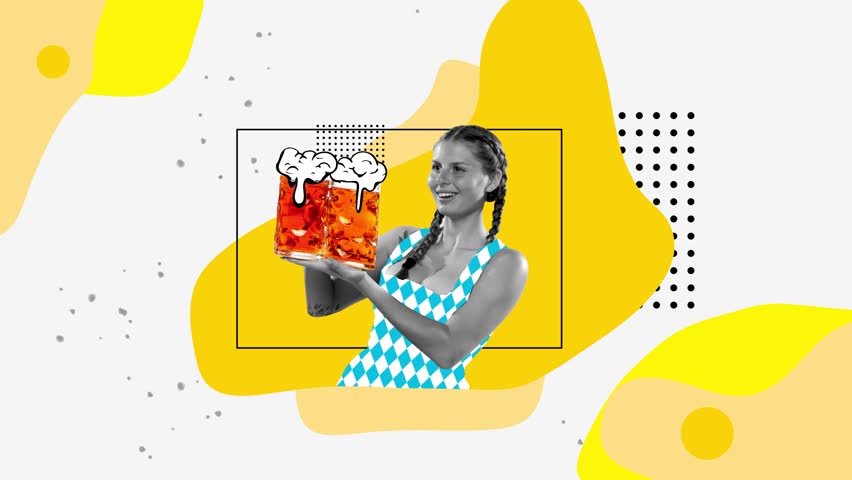 Beautiful smiling young woman, waiter serving lager foamy beer. Abstract colorful background. Stop motion, animation. Concept of Oktoberfest, beer, festival, traditions. Creative design