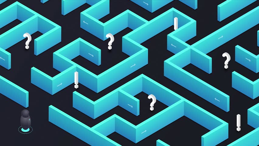 Robot analysis in maze. Moving banner with neon labyrinth. Artificial intelligence and machine learning. Solving puzzles and fixing problem. Futuristic technology. Isometric style animated clip