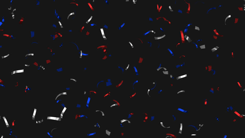 Loop Animation moving red, white, blue confetti on Alpha channel. Flying confetti in colors of USA flag. American Independence Day, President Day, Memorial Day. 
