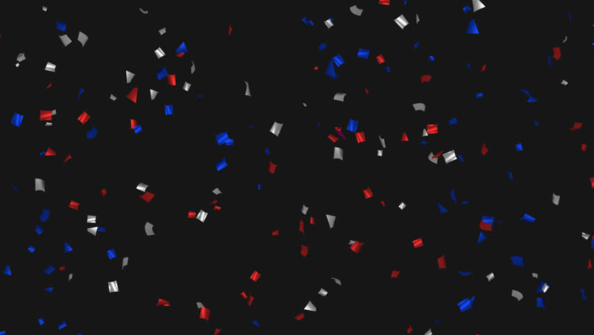 Loop Animation moving red, white, blue confetti on Alpha channel. Flying confetti in colors of USA flag. American Independence Day, President Day, Memorial Day. 
