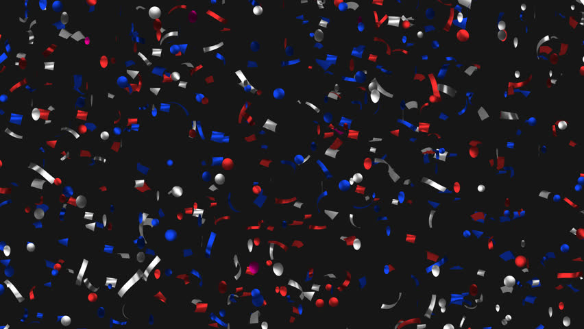 Loop Animation moving red, white, blue confetti on Alpha channel. Flying confetti in colors of USA flag. American Independence Day, President Day, Memorial Day. 
