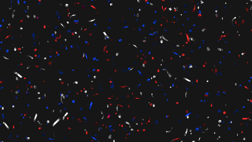 Loop Animation moving red, white, blue confetti on Alpha channel. Flying confetti in colors of USA flag. American Independence Day, President Day, Memorial Day. 
