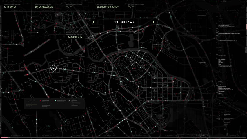 Secret City District Data Analysis By Advanced Spy Crime Detection System. Secret Target Detection System Software Interface. Spy Satellite Tracking Interface Detects Secret Mission Target On City Map