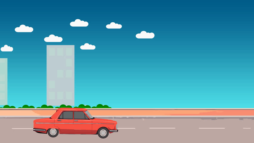 Charming vector animation of a retro Cuban street scene with red car passing blue and yellow cars driving under a cloudy blue sky. Perfect for historical and cultural projects, travel documentaries,