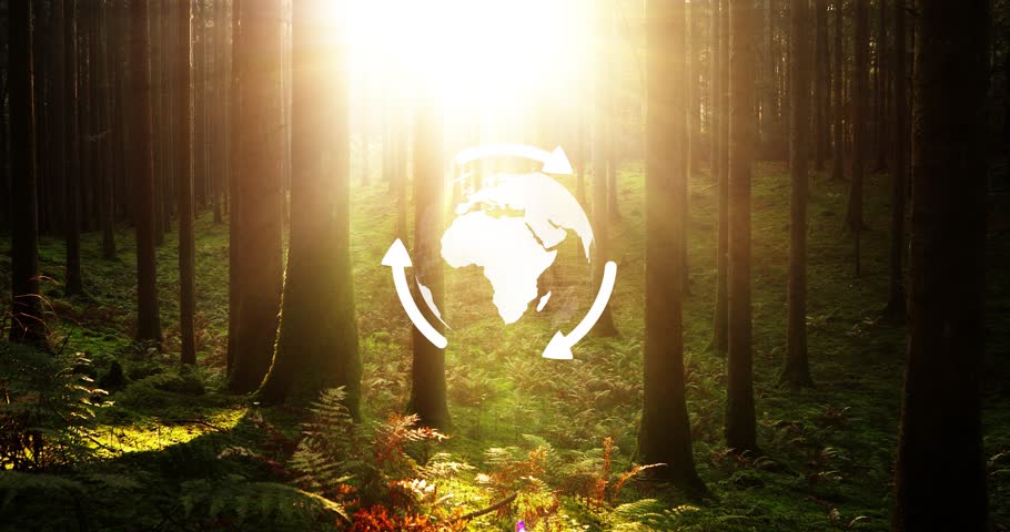 Environment recycle Earth globe rotation in beautiful sunny forest landscape, concept animation background.	
