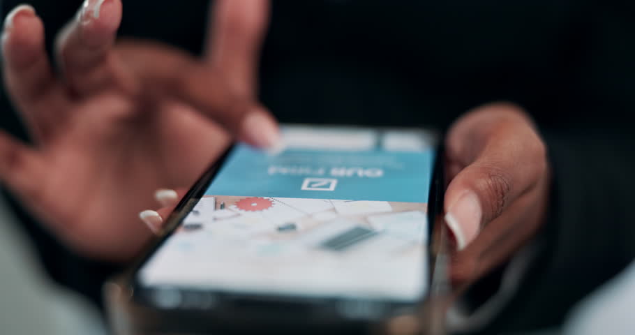 Phone, hands of woman and website on screen for contact information, consultation and research for architecture firm. Girl, about us and technology for navigating homepage on internet, data and app