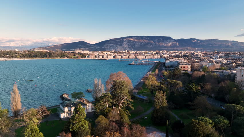 Aerial view at Geneva Water Fountain in Geneva Lake, Switzerland.
