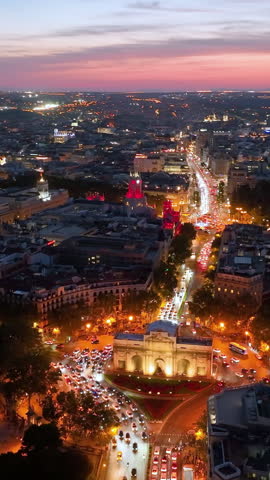 Vertical Aerial view of Puerta de Alcala, Parque de la independencia, Madrid, Spain