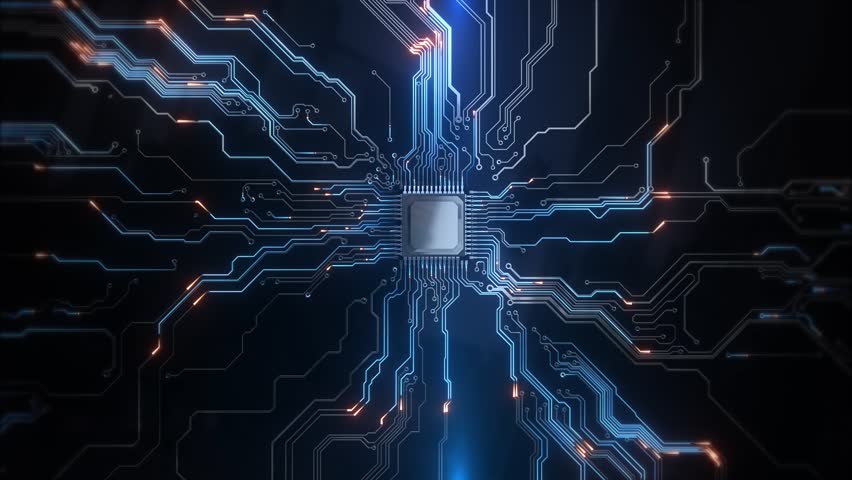 3D animation of digital chip Central Computer Processors CPU. Motherboard Technology Hud background. Integrated communication processor. Data moving Circuit Board and CPU data mining. 3D Illustration - Powered by Shutterstock - Get 15% off with code: PIKWIZARD15