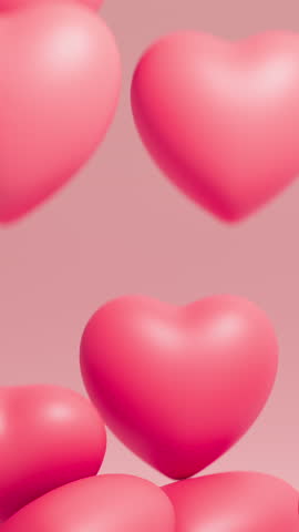 Falling hearts on pink background. Valentine day backdrop. 3d render. Vertical video