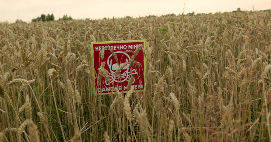 Dangerous mines sign in Ukrainian and English in a wheat field