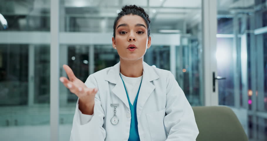 Video call, doctor and woman with virtual meeting, healthcare or online conference to share cancer research. Face, expert or professional with communication, webinar or internet for medical workshop