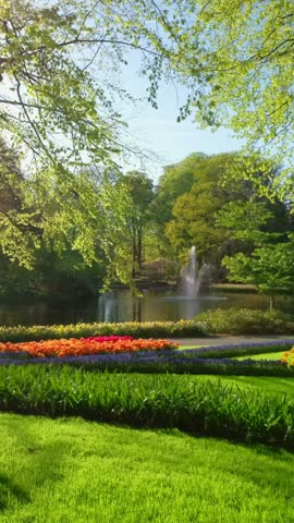 Keukenhof flower garden with blooming tulip flowerbeds. One of the world's largest flower gardens. Lisse, the Netherlands.