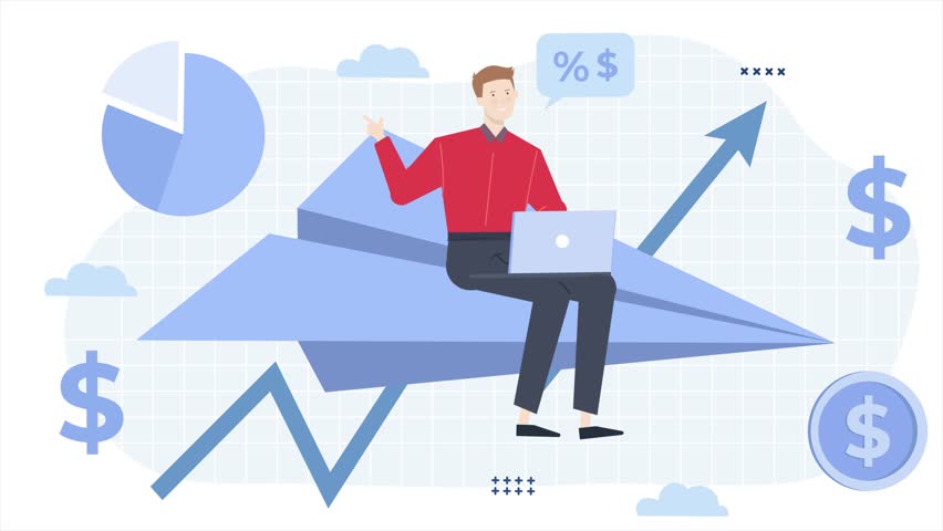 a man sit on paper plane with graphic up at the background business animated illustration video