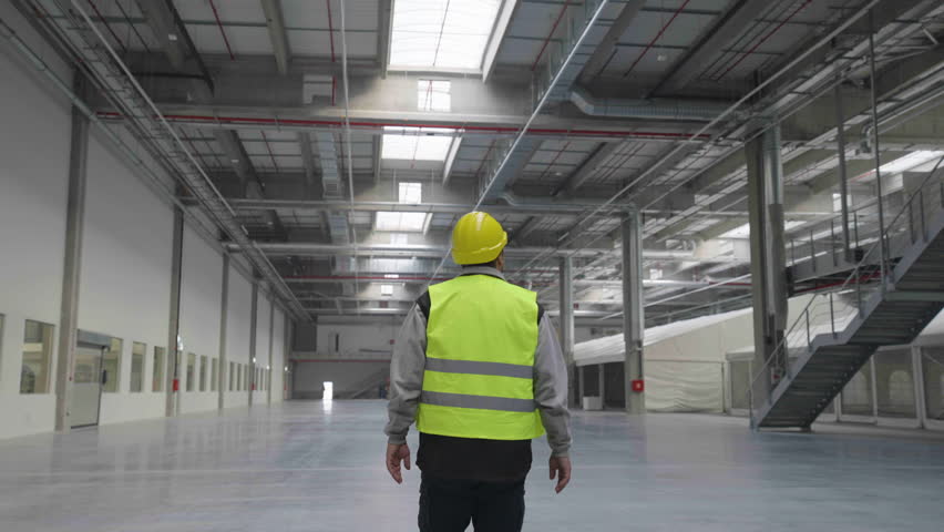 Supervisor walking through empty modern industrial building interior. Back view of man wearing safety helmet and reflective vest.
