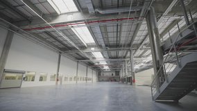 Empty space in new modern industrial hall. Backwards revealing of stairs leading to elevated platform. - Powered by Shutterstock - Get 15% off with code: PIKWIZARD15