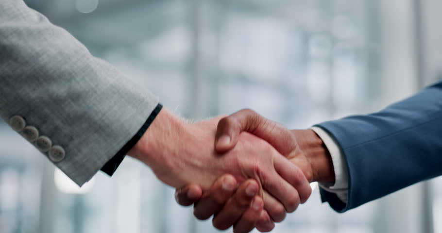 Employees, handshake and thank you for consulting in office, meeting and congratulations for hiring. Partnership, introduction and b2b collaboration in merger, networking and onboarding for support