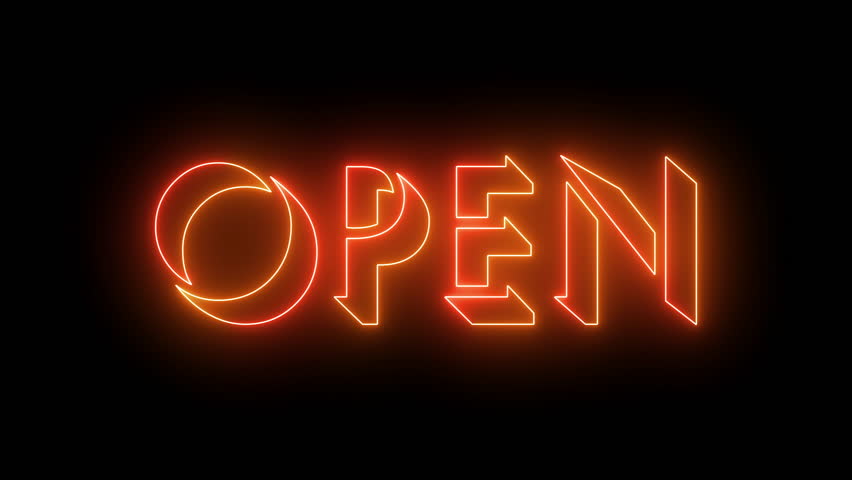 Open text animation in 4K. Neon-colored text with a glowing moving outline for online shop, blog, web, cafe, and hotel. Technology video material animation in 4k. Easy to put into any video.

