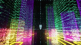 Neon skyscrapers of the city. Glowing particles, backdrop for the concept of cyberpunk, metaverse, city of the future. - Powered by Shutterstock - Get 15% off with code: PIKWIZARD15