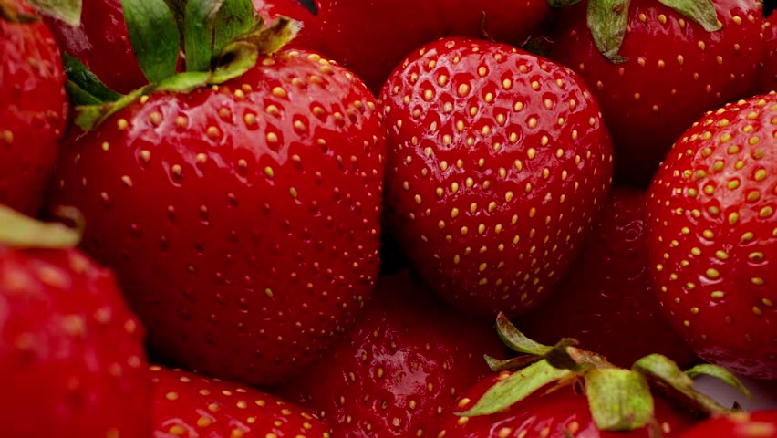 Ripe red strawberries. Strawberries are perfectly ripe and ready to be eaten. Delicious summer berries. Vegetarian Food. Organic food concept. Dolly in shot. Close-up in 4K, UHD
