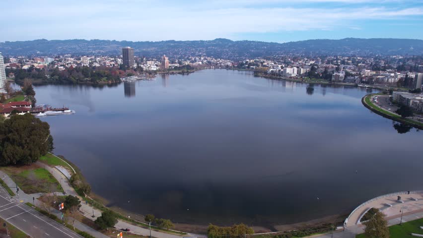 Oakland, California USA. Aerial View of Lake Merritt, Parks and Waterfront Buildings, Drone Shot