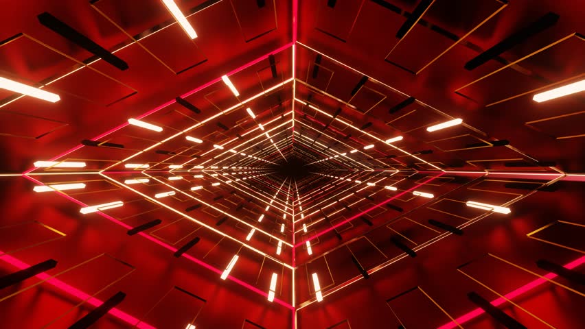An abstract illustration red neon visual dynamic Loop Background of endless Parallelogram tunnel