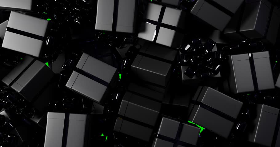 Black gift boxes falling on green screen. 3D video transition