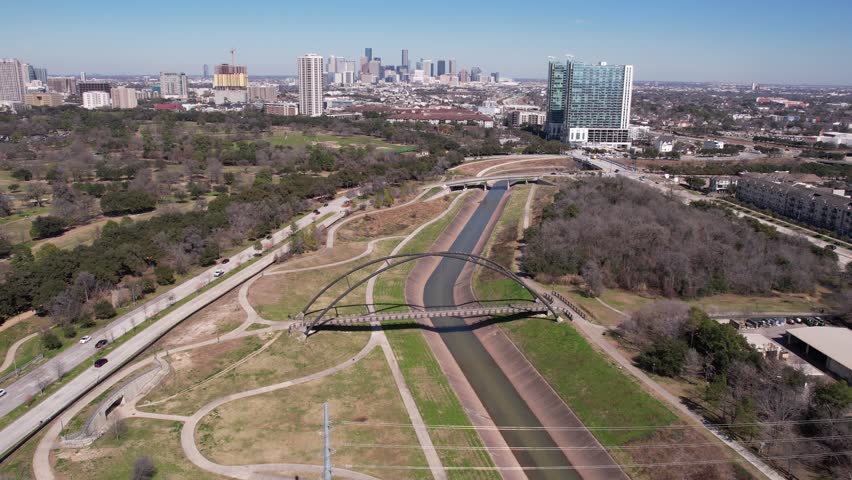 Drone Shot of Bill Coast Bridge in Hermann Park, Houston TX USA