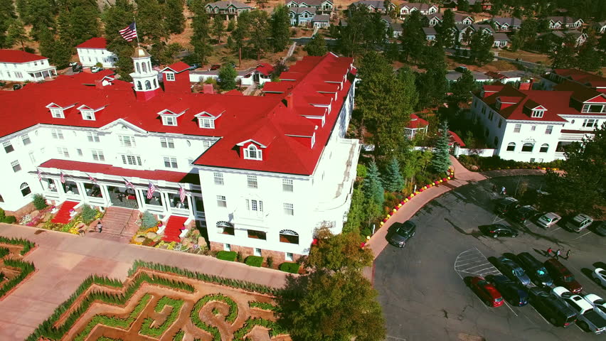 Aerial Panning Shot Of People At Stanley Hotel On Sunny Day - Denver, Colorado