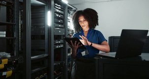 Tablet, engineer and woman on laptop in server room for cyber security, coding or update database. Serious, technician and computer in data center for information technology or programming software - Powered by Shutterstock - Get 15% off with code: PIKWIZARD15