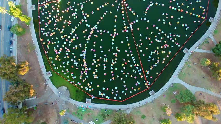 Aerial Tilt Up Shot Of Multi Colored Balls In Macarthur Park - Los Angeles, California