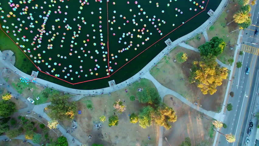 Aerial Top Downward Shot Of People Exploring Macarthur Park In City - Los Angeles, California