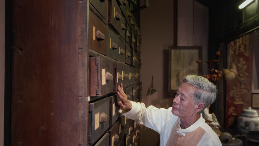 Tilt down shot mature male apothecary of Asian ethnicity looking for various herbs and dried ingredients while working at traditional medicine pharmacy