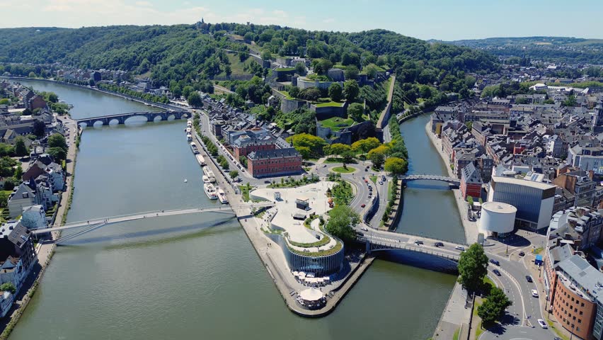 Medieval citadel of Namur, Belgium, in the confluence of the Meuse and Sambre rivers. Aerial view.
