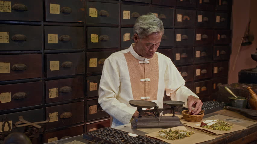 Medium shot of senior Asian herbalist putting dried ingredients on scales while working at alternative medicine apothecary