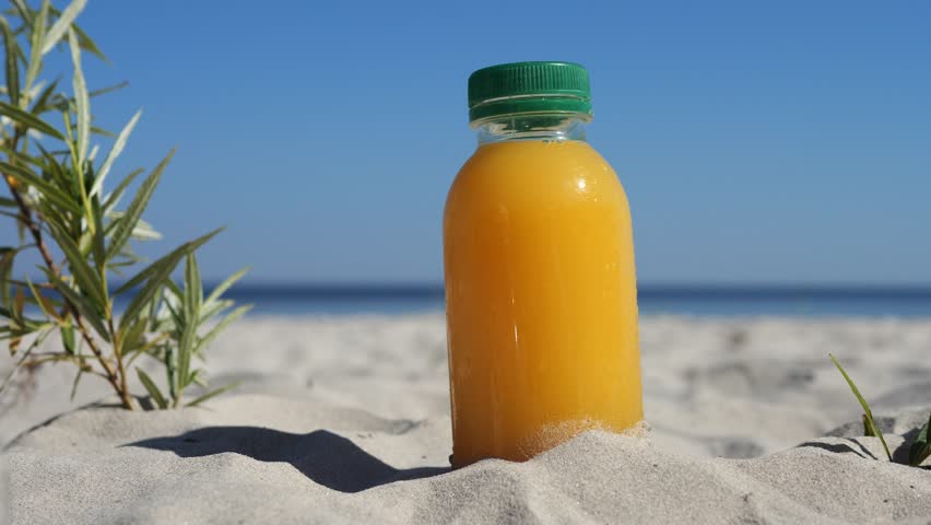 On the seashore, plastic bottle with orange juice and a green lid stands in the sand next to a small green bush. Orange juice looks refreshing against the beach setting, inviting a tropical vibe.