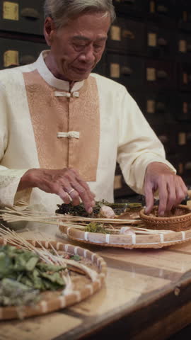 Vertical pan shot of busy herbal medicine workers making treatment mixtures at apothecary