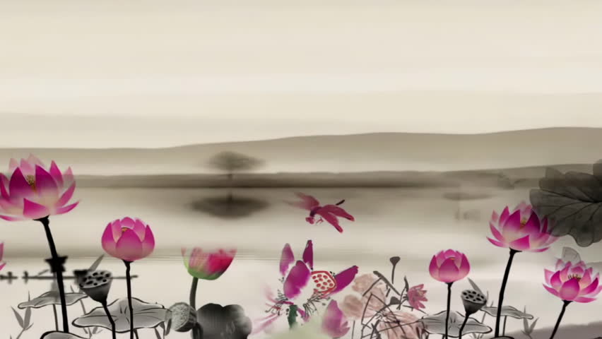Daytime ancient traditional Chinese Japanese landscape Painting Ink lotus bamboo style material of beautiful calm trees, mountains, flowers, lake, water, birds, blue sky, boat, cherry blossoms