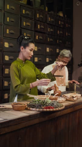 Vertical shot of Asian woman asking senior man about herbs for treatment at alternative medicine apothecary