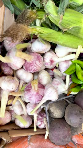 Garlic heads with vegetables. Food and harvest, market. Healthy eating. 