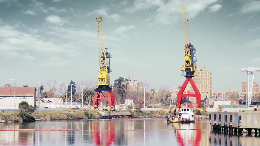 Port Cranes Along River, Industrial Harbor Scene, Buenos Aires, Argentina - 4K