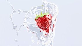 Strawberry falling in water splash slow motion, depth of field, 3d rendering. Animated flow berry motion in watery wave, 4k, isolated on gray background. Strawberries cocktail drink. 3D Illustration - Powered by Shutterstock - Get 15% off with code: PIKWIZARD15