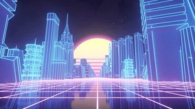 Retro futuristic 80s style with neon city backgrounds. Seamless loop of cyberpunk cityscape with a moving grid floor. VJ synthwave looping 3D animation for music video - Powered by Shutterstock - Get 15% off with code: PIKWIZARD15