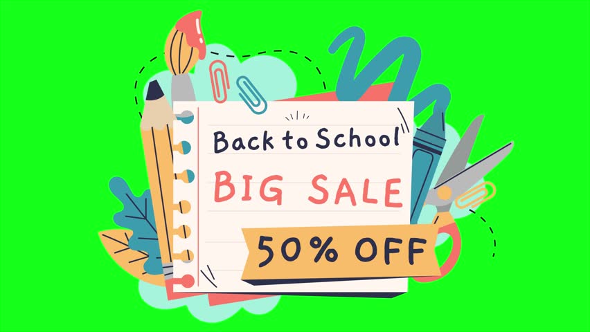 Back to school sale campaign motion video for shopping advertisement isolated on green screen background. 50% off discount. Ads for web, social media, online shopping