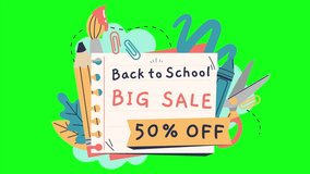 Back to school sale campaign motion video for shopping advertisement isolated on green screen background. 50% off discount. Ads for web, social media, online shopping - Powered by Shutterstock - Get 15% off with code: PIKWIZARD15