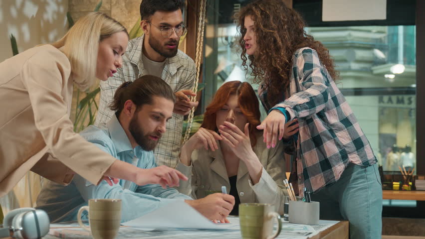 Multiracial creative team business men women girls guys male female coworkers colleagues corporate discussion group talk office meeting diverse students freelance coworking discuss debate brainstorm